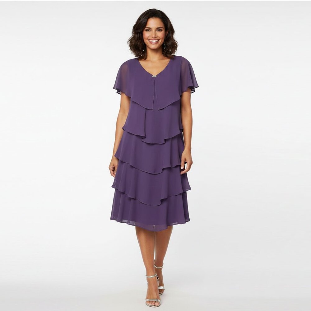 Patra Chiffon Tiered Dress Purple Violet Evening Wedding Party Rhinestones